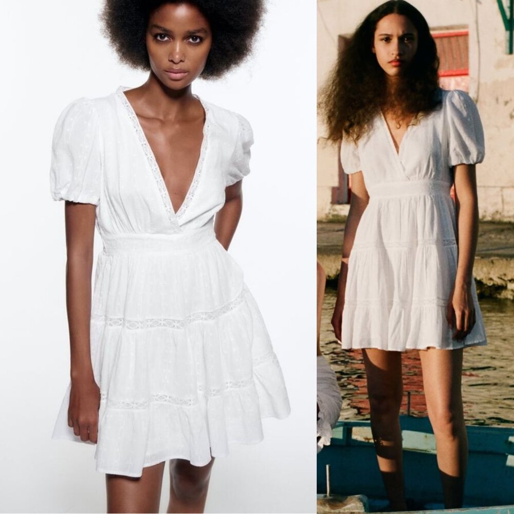 Zara Flowy Lace Trim Mini Dress - White - Size Large